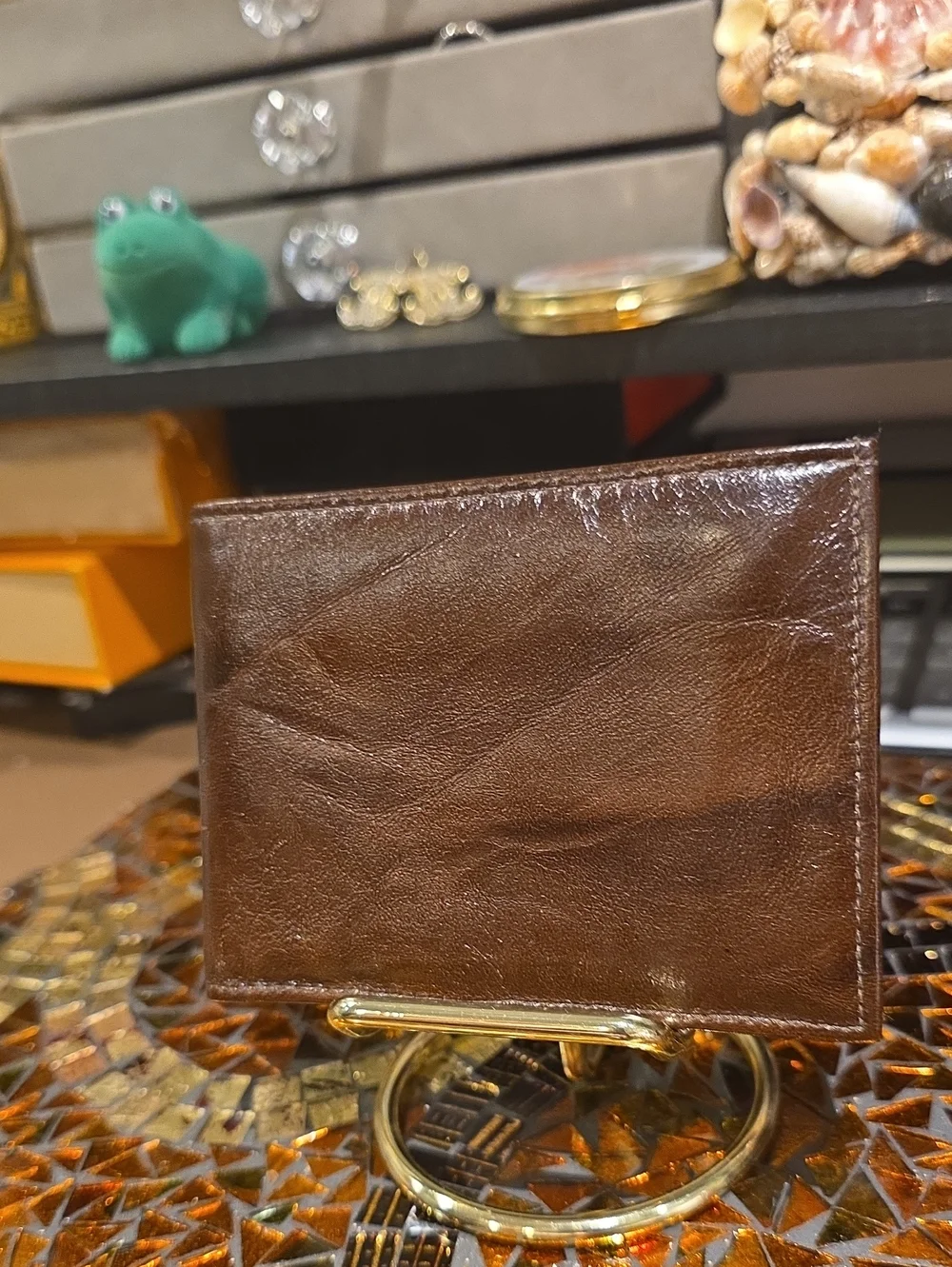 Vintage Brown Leather Money Clip with Gold Accent